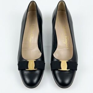 Salvatore Ferragamo Black Leather Pumps with Gold Plaque
